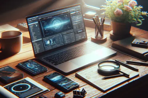 Na biurku leży otwarty laptop z zaawansowanym interfejsem, obok kubek kawy, telefony i lupa. To idealne miejsce, by dowiedzieć się, jak uruchomić laptopa.