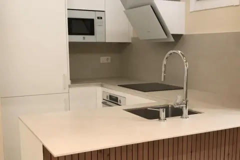 Cocinas pequeñas modernas con electrodomésticos integrados, encimera clara y grifería cromada.