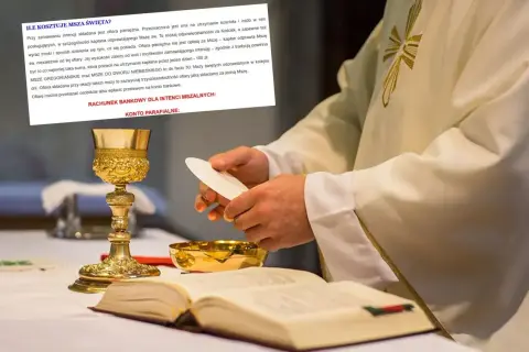 Kapłan przygotowuje się do mszy, trzymając hostię. Na stole leży księga i kielich. Tekst informuje, ile trwa msza pogrzebowa i ile wynosi ofiara.