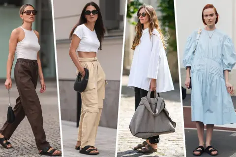 Quattro donne sfoggiano look casual chic con Birkenstock. Un outfit donna con pantaloni marroni, un altro con cargo beige, uno con camicia bianca oversize e un abito azzurro.
