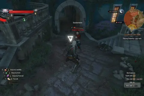 Geralt walczy z Roderikiem z Dun Tynne w trakcie szturmu. Na ziemi leży pokonany przeciwnik.