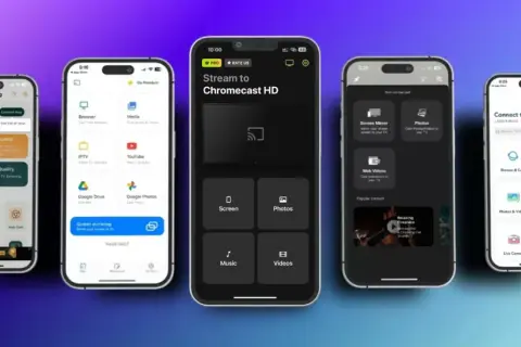 Aplikacje na iPhone'a pokazujące funkcje screen mirroring, strumieniowanie do Chromecast HD, przeglądanie i przesyłanie treści.