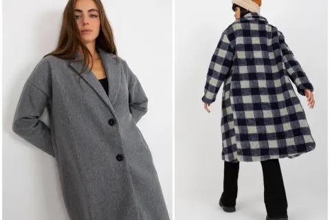 Dwa płaszcze damskie: szary, klasyczny i kraciasty, oversize. Idealny płaszcz damski XXL na chłodne dni.