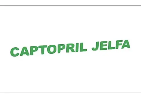 Napis CAPTOPRIL JELFA w kolorze zielonym, lekko pochyły.