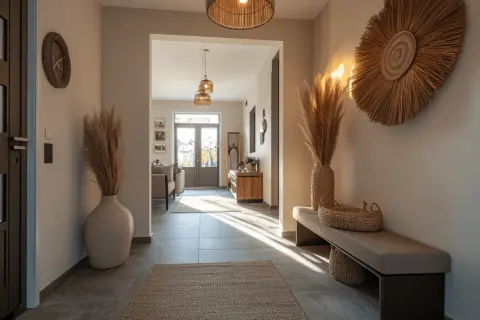 Ein heller Flur, der mit natürlichen Materialien wie Pampasgras und einem Wanddekor aus Seegras gestaltet ist. Ein Sitzbank lädt zum Verweilen ein.