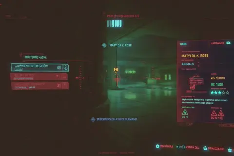 Widok z gry z interfejsem hakowania, cel: Matylda K. Rose, gang Animals. Rozpoznanie wzorca cyberpunk.