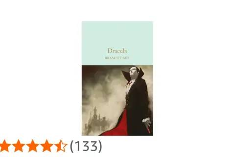 Ilustracja okładki książki "Dracula" Brama Stokera z wampirem i zamkiem w tle.