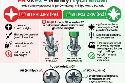 Porównanie rodzajów bitów do wkrętarek: PH (Phillips) i PZ (Pozidriv). PH ma 4 ramiona, PZ 8. PZ zapewnia lepsze dopasowanie i większy moment obrotowy.