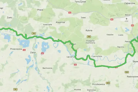 Mapa z zaznaczoną zieloną linią przedstawiającą wiślaną trasę rowerową GPX, prowadzącą od Oświęcimia do Krakowa.