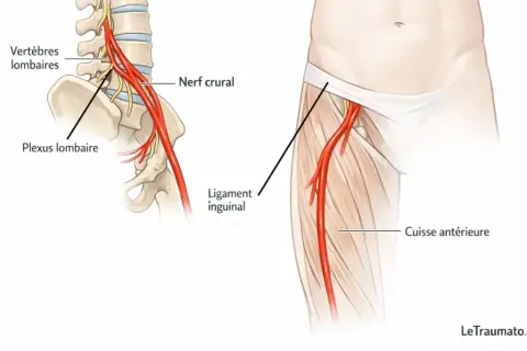 Anatomie du nerf crural, montrant le plexus lombaire et son trajet vers la cuisse. Utile pour le signe cruralgie test.