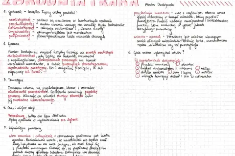 Ręcznie pisany tekst na kratkowanym papierze, tytuł "Zbrodnia i kara" i podpunkty.