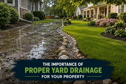 Muddy, waterlogged yard contrasts with a well-drained side, highlighting how to level a yard for proper drainage.