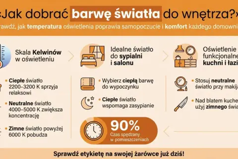Infografika o doborze barwy światła. Ciepłe światło sprzyja relaksowi, neutralne koncentracji, a zimne pobudza. Wybierz najzdrowsza barwę światła dla siebie.