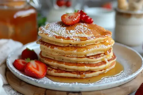 En hög med fluffiga pannkakor, toppade med färska jordgubbar och pudersocker. Serveras med sirap och yoghurt istället för mjölk.