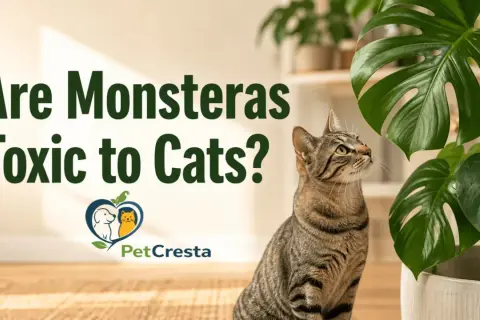 A tabby cat looks up at a large Monstera plant, questioning "Are Monsteras Toxic to Cats?".