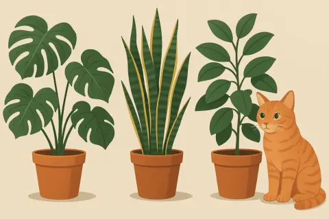 Trzy rośliny doniczkowe: monstera, sansewieria i fikusa, obok siedzi rudy kot. Czy kalia doniczkowa jest trująca?