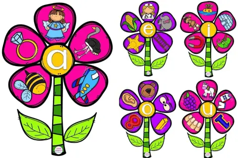 Flores con vocales para imprimir: A (ángel, anillo, abeja, avestruz, avión), E (enfermera, elefante, estrella, escalera, elote), I (isla, indio, imán, iguana, iglú), O (oso, ojo, oreja, ocho, oro), U (unicornio, uvas, uniforme, uña, uno).