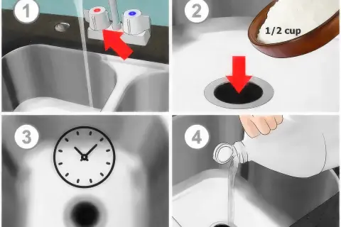 Steps to unclog a garbage disposal: 1. Run cold water. 2. Add baking soda. 3. Wait. 4. Pour vinegar.
