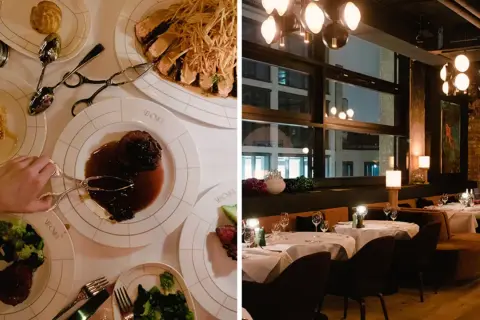 Ein festliches Abendessen in einem Berliner Restaurant Geheimtipp. Aufgetischte Speisen und ein stilvolles Ambiente mit Blick auf die Stadt.
