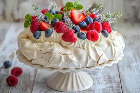 Vacker pavlova med grädde och färska bär, perfekt för ett sommarfika. Ett enkelt pavlova recept att prova!
