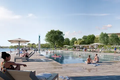 Sommerliche Szene am **Alsterwiese Schwanenwik**: Menschen entspannen am Pool, schwimmen und genießen die Sonne.