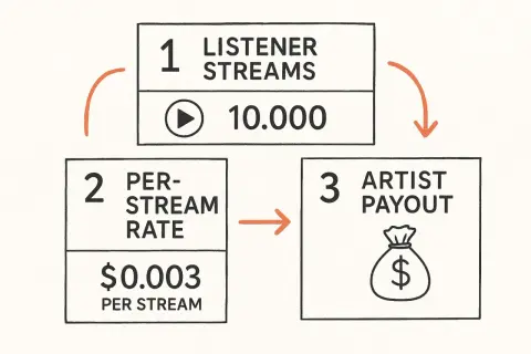 Diagram shows how to make money on Spotify: 10,000 streams at $0.003 per stream equals artist payout.