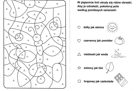 Karnawał karty pracy przedszkole: pokoloruj motyla według symboli. Koło to żółty jak słońce, serce czerwony jak pomidor, trójkąt niebieski jak woda.
