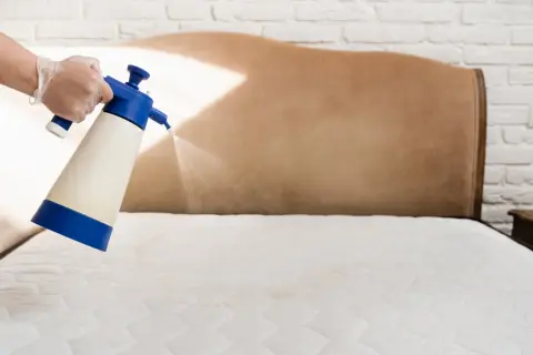 Spraying a mattress to combat memory foam dust mites.