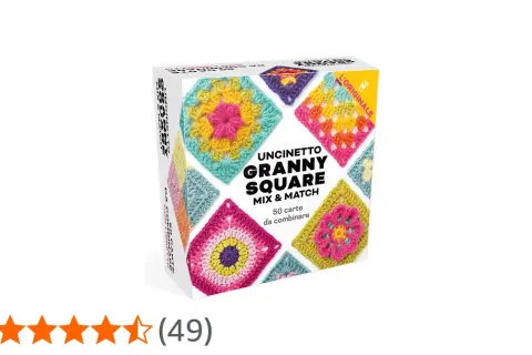 Box of "Uncinetto Granny Square Mix & Match" cards featuring colorful crochet squares.