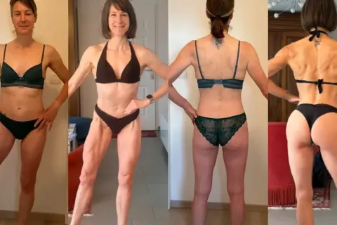 Femme athlétique en lingerie, montrant sa masse musculaire développée.