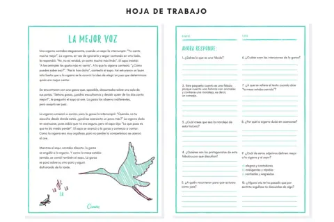 Hoja de trabajo para comprensión lectora 4 primaria. Fábula "La mejor voz" con preguntas para imprimir.