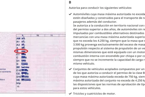 Permiso de conducir B2, con un coche rojo resaltado, autoriza a conducir automóviles y conjuntos de vehículos.