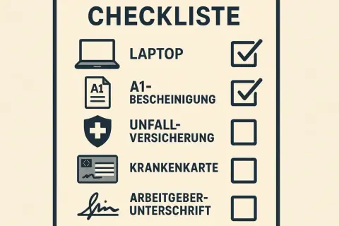 Checkliste für eine Workation in Europa: Laptop, A1-Bescheinigung, Unfallversicherung, Krankenkassenkarte, Arbeitgeberunterschrift.
