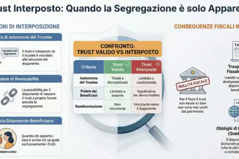 Infografica su trust interposto, confronto con trust valido, indicatori di interposizione e conseguenze fiscali in Italia. Utile per pianificazione successoria e fondo fiduciario vivente.