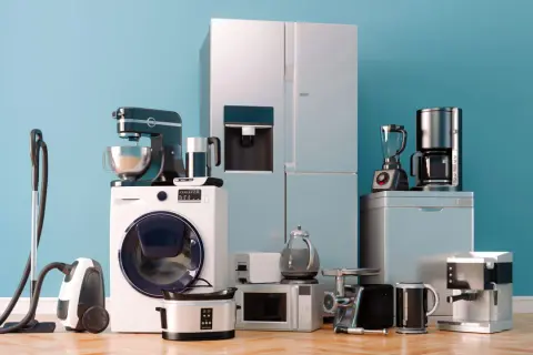 Elettrodomestici per la casa: frigo, lavatrice, aspirapolvere, impastatrice, frullatore, macchina da caffè, tostapane, bollitore, macinacarne, robot da cucina e forno a microonde.