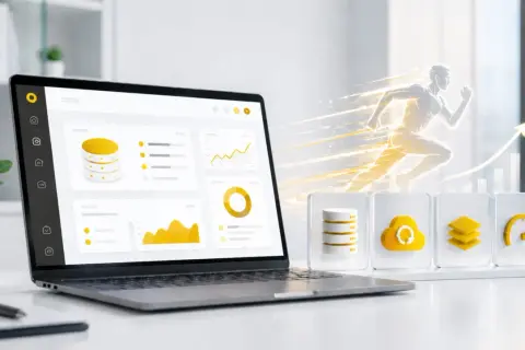 Laptop z panelem kontrolnym, ikony chmury, stosów i prędkościomierza. Obok ikona serwer bazy danych symbolizuje wydajność.