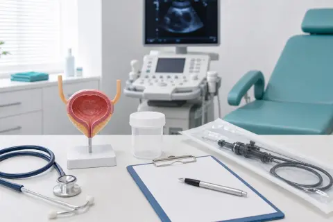 Model pęcherza, stetoskop, przyrządy i krzesło zabiegowe. Przygotowanie do cystoskopii u mężczyzn.