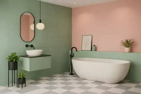 Salle de bain moderne avec baignoire îlot, lavabo suspendu et carrelage vert et rose. Idéal pour peindre le plafond de la salle de bain.
