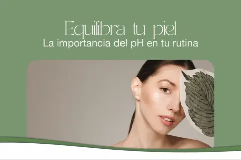 Mujer con hoja cubriendo parte de su rostro, resaltando la importancia del **pH de la piel** para un cutis equilibrado.