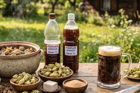 Domowy podpiwek, czy ma alkohol? Na stole składniki do jego produkcji: słód, chmiel, drożdże i cukier. Obok butelki z napojem i kufel pełen piany.