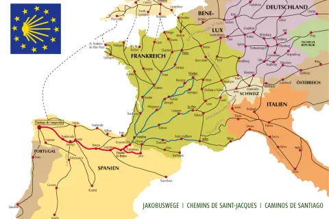 Mapa szlaków pielgrzymkowych do Santiago de Compostela z zaznaczonymi trasami przez Francję, Hiszpanię i Włochy.