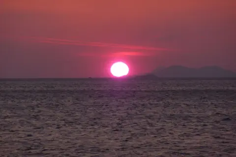 Un soleil couchant victor hugo, d'un rose intense, se reflète sur la mer calme, baignant le paysage d'une lumière poétique.