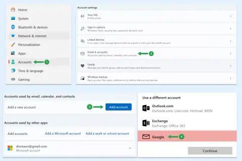Ustawienia konta Windows, gdzie można dodać nowe konto poczty, kalendarza i kontaktów, aby umożliwić synchronizację kontaktów.