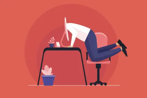 Pracownik z głową w monitorze, symbolizujący przytłoczenie pracą i potencjalną szkodliwość toluenu dla zdrowia psychicznego.