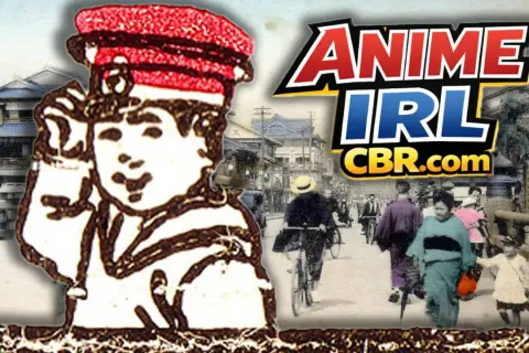 Anime-Illustration vor einer historischen japanischen Straßenszene. Die Frage "seit wann gibt es Anime" wird hier visuell aufgeworfen.