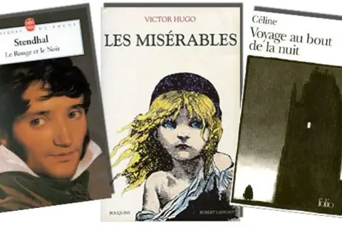 Trois couvertures de livres : "Le Rouge et le Noir" de Stendhal, "Les Misérables" de Victor Hugo, et "Voyage au bout de la nuit" de Céline. Ces œuvres font partie des plus beaux livres d'amour.