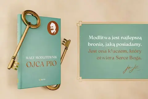Książka "Mały modlitewnik Ojca Pio" z kluczami symbolizującymi modlitwę o pokój, która otwiera Serce Boga.