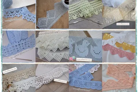 Vari pizzi all'uncinetto, in diverse fantasie e colori, mostrano come unire stoffa e uncinetto per creare bordi decorativi unici.