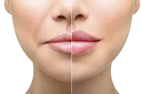Porównanie ust przed i po zabiegu: po lewej delikatne zmarszczki, po prawej pełne, lśniące usta w stylu russian lips.