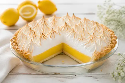 Une tarte au citron meringuée, prête à être dégustée. Sa crème jaune vif et sa meringue dorée invitent à suivre la recette.